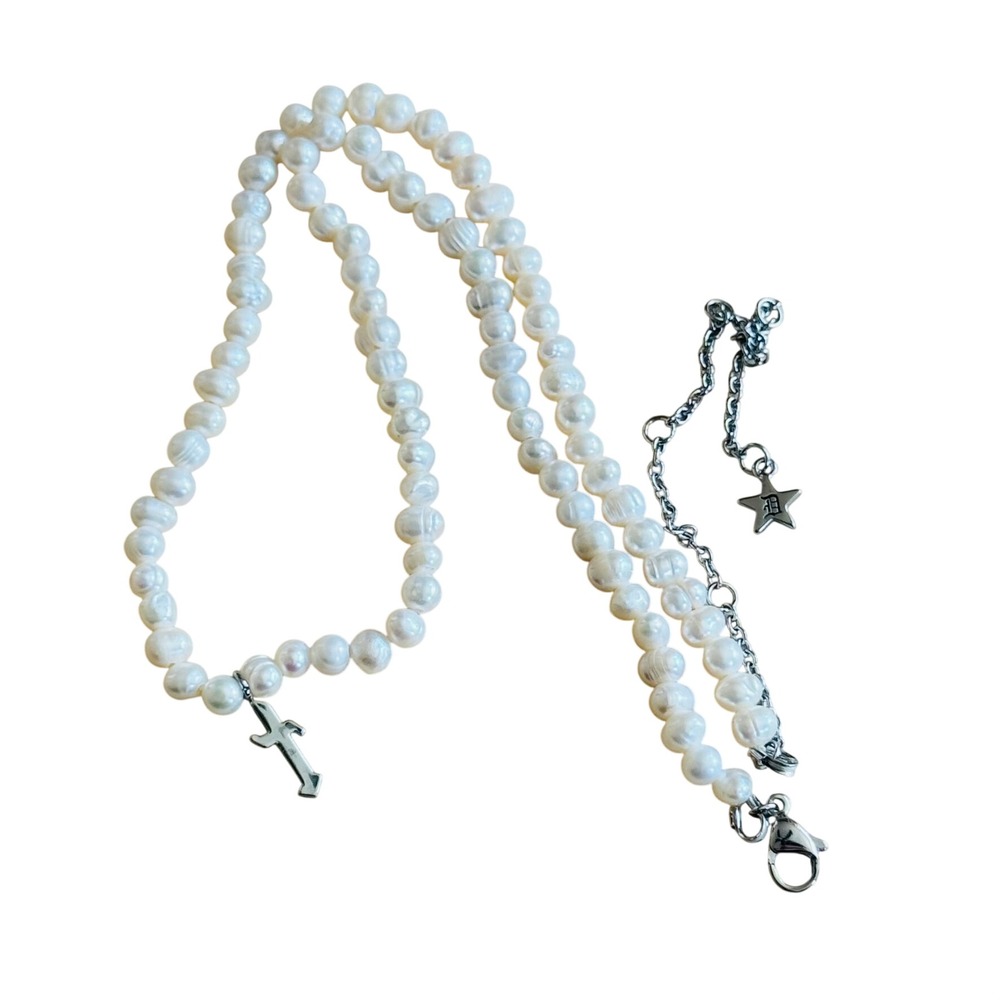 Dalmata Sword Freshwater‎ Pearl Necklace Choker Stainless Steel Goth Rockabilly